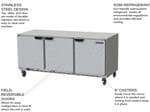 Beverage Air UCR72AHC 72'' 3 Section Undercounter Refrigerator with 3 Left/Right Hinged Solid Doors and Front Breathing Compressor