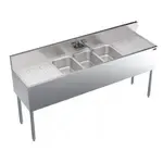 Krowne Metal KR19-63C Underbar Sink Unit, 3 Compartment, Stainless and Galvanized Steel, with 6-1/2"H Backsplash and 2 Drainboards / Faucet Included - 72"W x 19"D